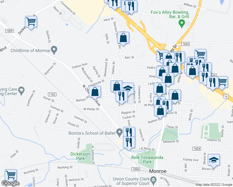 map of restaurants, bars, coffee shops, grocery stores, and more near 506 Benton Street in Monroe