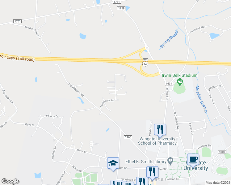 map of restaurants, bars, coffee shops, grocery stores, and more near 604 Funderburk Road in Wingate