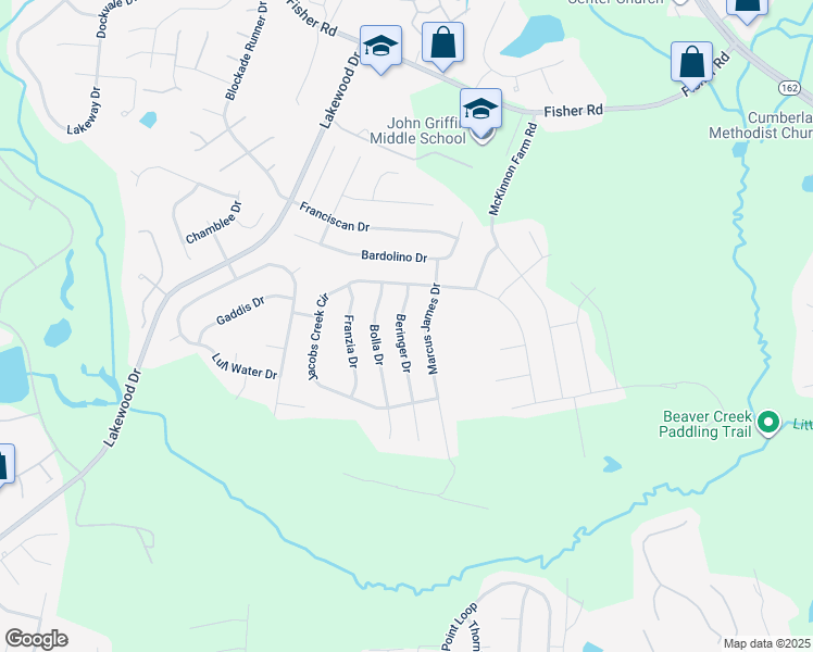 map of restaurants, bars, coffee shops, grocery stores, and more near 2823 Beringer Drive in Fayetteville