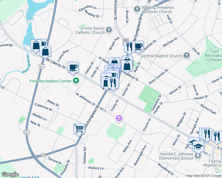 map of restaurants, bars, coffee shops, grocery stores, and more near 25 South Congress Street in York