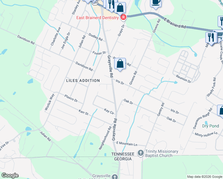 map of restaurants, bars, coffee shops, grocery stores, and more near 850 Kay Circle in Chattanooga