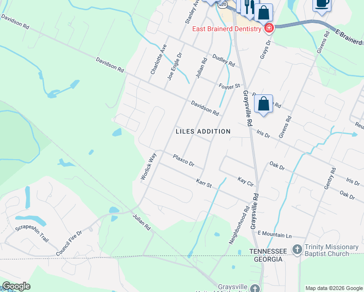 map of restaurants, bars, coffee shops, grocery stores, and more near 8005 Plaxco Drive in Chattanooga