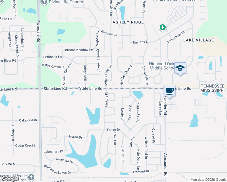 map of restaurants, bars, coffee shops, grocery stores, and more near 9430 Geneva Loop East in Olive Branch