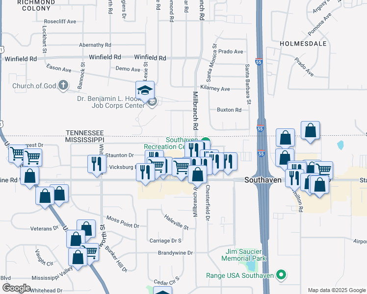 map of restaurants, bars, coffee shops, grocery stores, and more near 9105 Millbranch Road in Southaven