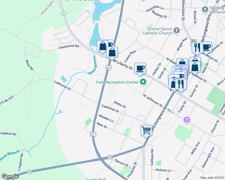map of restaurants, bars, coffee shops, grocery stores, and more near 106 Eaves Way in York
