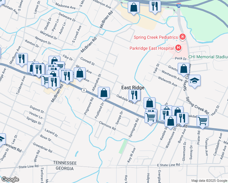 map of restaurants, bars, coffee shops, grocery stores, and more near 1307 West End Avenue in Chattanooga