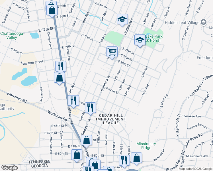 map of restaurants, bars, coffee shops, grocery stores, and more near 4102 Dodds Avenue in Chattanooga