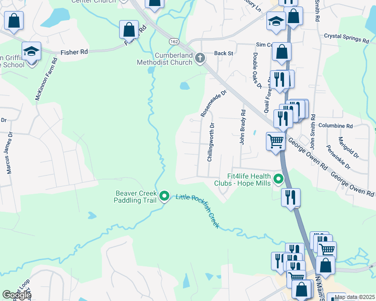 map of restaurants, bars, coffee shops, grocery stores, and more near 5920 Hotspur Lane in Fayetteville