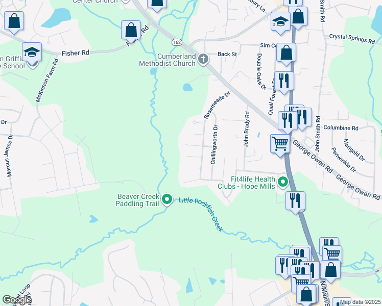 map of restaurants, bars, coffee shops, grocery stores, and more near 5920 Hotspur Lane in Fayetteville