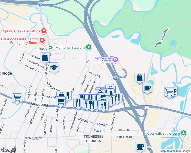 map of restaurants, bars, coffee shops, grocery stores, and more near 6501 Mc Call Road in Chattanooga