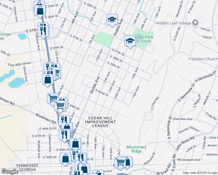 map of restaurants, bars, coffee shops, grocery stores, and more near 4019 13th Avenue in Chattanooga