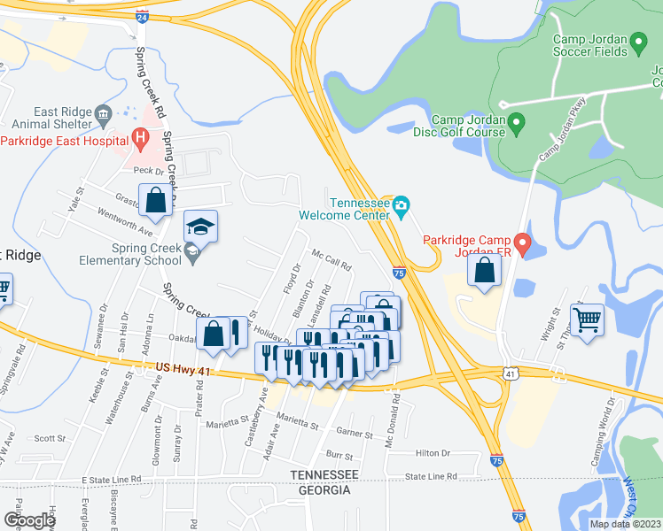 map of restaurants, bars, coffee shops, grocery stores, and more near 1013 Lansdell Road in Chattanooga