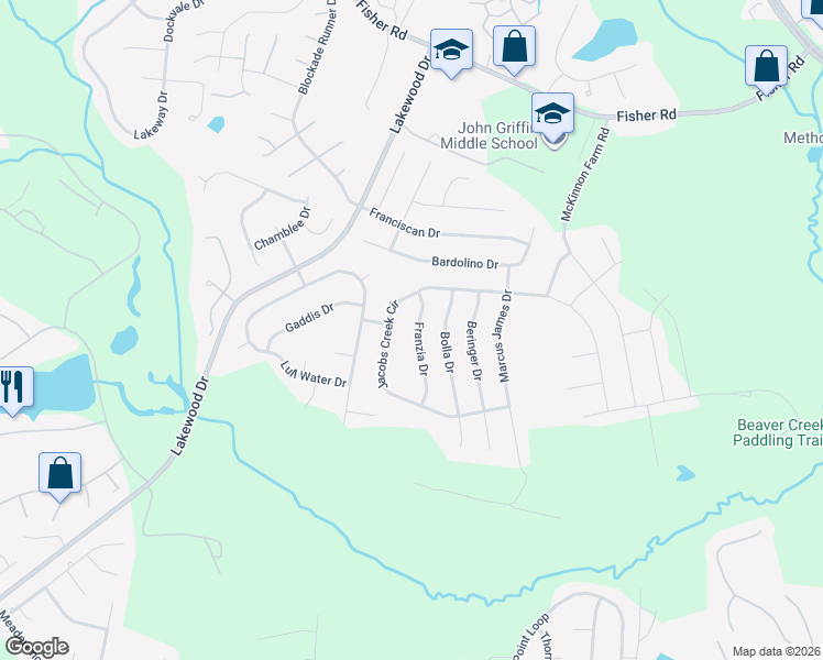 map of restaurants, bars, coffee shops, grocery stores, and more near 2804-2808 Franzia Drive in Fayetteville