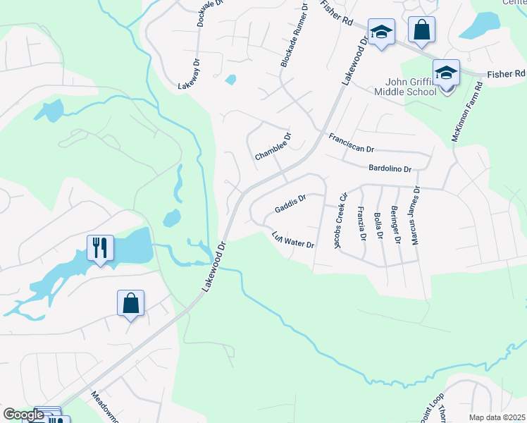 map of restaurants, bars, coffee shops, grocery stores, and more near 6494 Gaddis Drive in Fayetteville