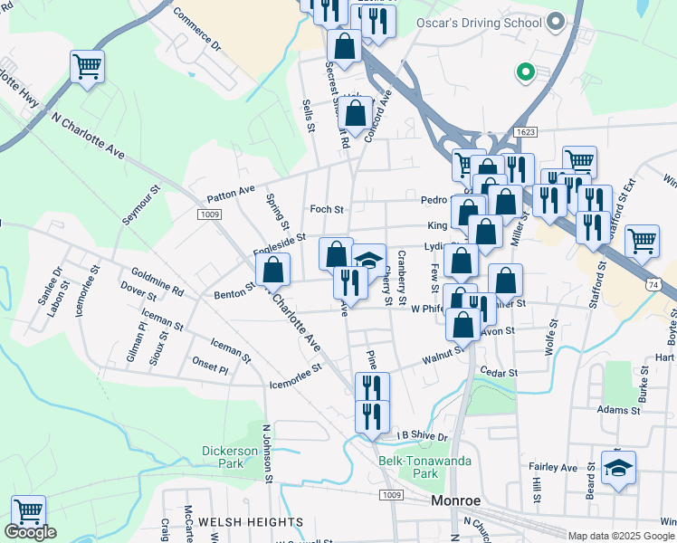 map of restaurants, bars, coffee shops, grocery stores, and more near 1303 Concord Avenue in Monroe