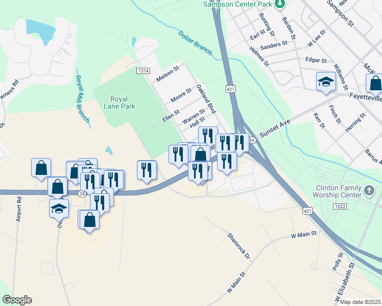 map of restaurants, bars, coffee shops, grocery stores, and more near 108 Royal Lane in Clinton