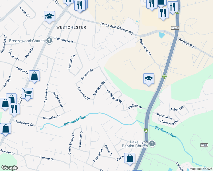 map of restaurants, bars, coffee shops, grocery stores, and more near 301-305 Seahorse Road in Fayetteville