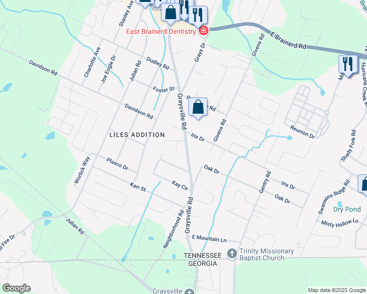 map of restaurants, bars, coffee shops, grocery stores, and more near 8163 Elezabethton Lane in Chattanooga