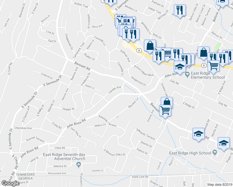 map of restaurants, bars, coffee shops, grocery stores, and more near 1206 Laredo Avenue in Chattanooga