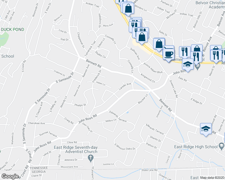 map of restaurants, bars, coffee shops, grocery stores, and more near 3627 Helen Lane in Chattanooga