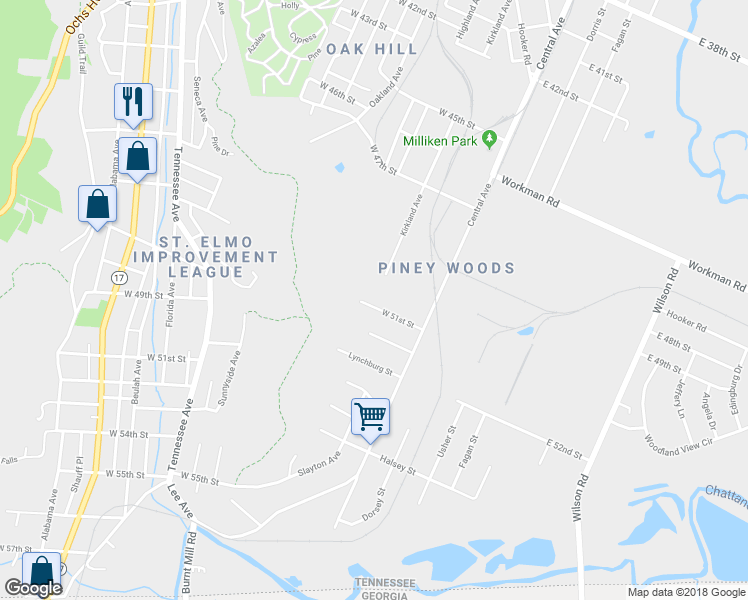 map of restaurants, bars, coffee shops, grocery stores, and more near 35 West 51st Street in Chattanooga