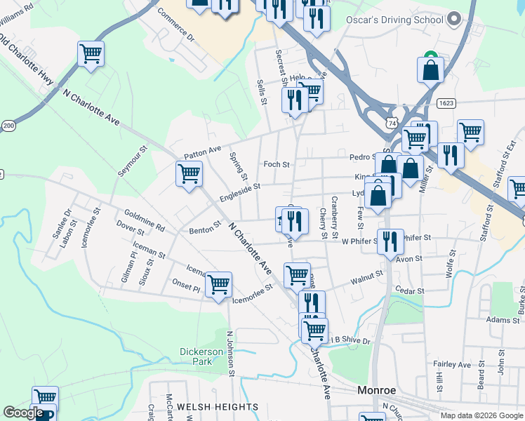 map of restaurants, bars, coffee shops, grocery stores, and more near 1304 Westwood Street in Monroe