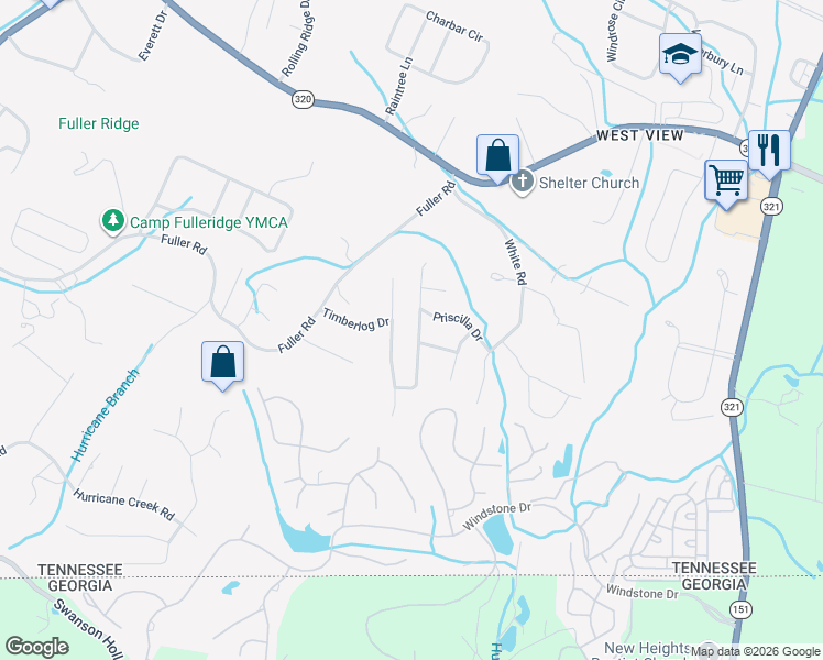 map of restaurants, bars, coffee shops, grocery stores, and more near 9577 Priscilla Drive in Chattanooga
