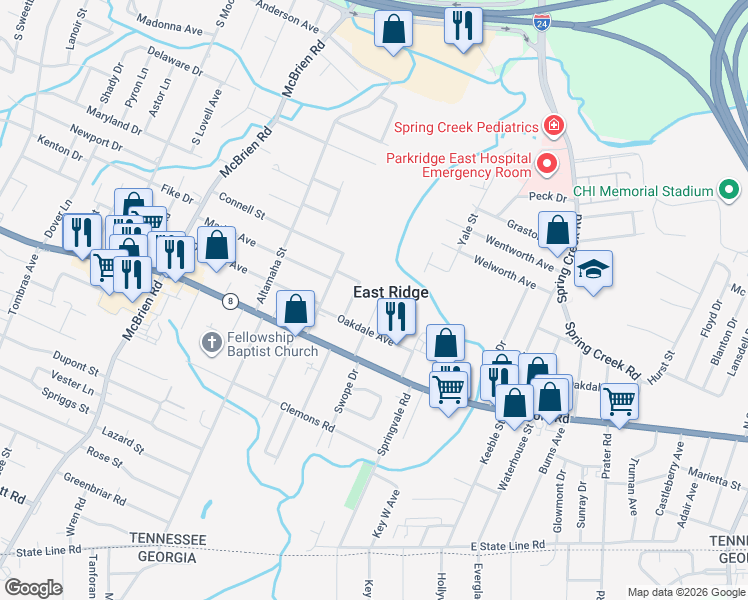 map of restaurants, bars, coffee shops, grocery stores, and more near 1309 Swope Drive in Chattanooga
