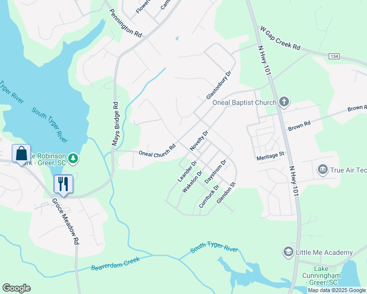 map of restaurants, bars, coffee shops, grocery stores, and more near 212 Novelty Drive in Greer