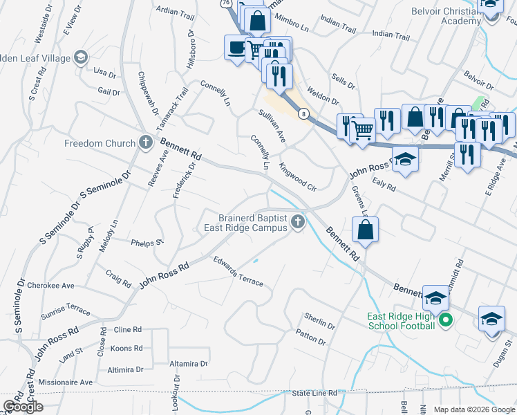 map of restaurants, bars, coffee shops, grocery stores, and more near 1217 John Ross Road in Chattanooga
