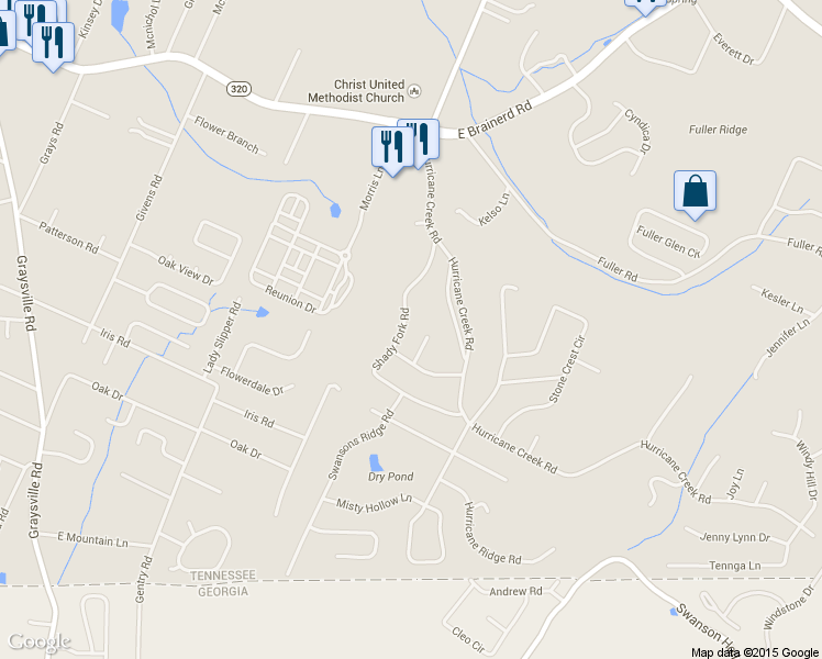 map of restaurants, bars, coffee shops, grocery stores, and more near 1037 Shady Fork Road in Chattanooga
