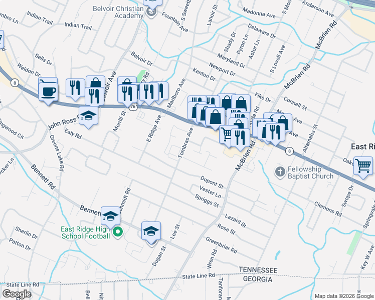 map of restaurants, bars, coffee shops, grocery stores, and more near 1515 Tombras Avenue in East Ridge