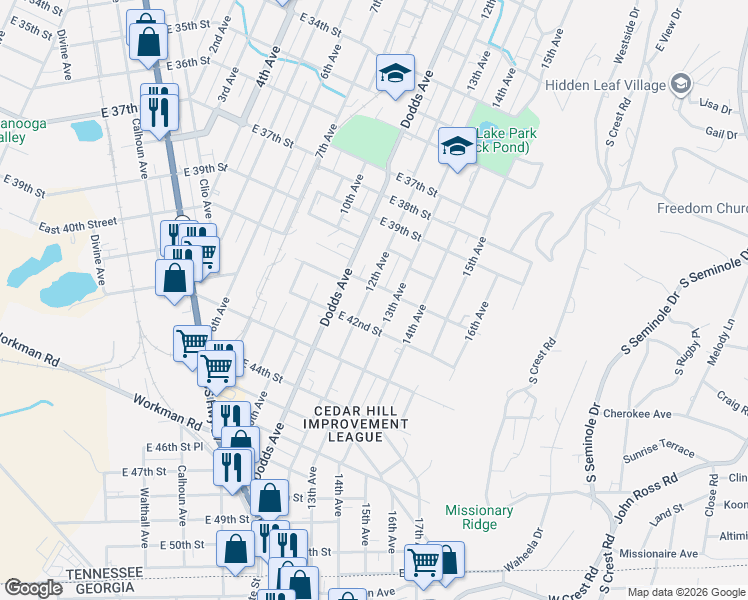 map of restaurants, bars, coffee shops, grocery stores, and more near 4019 13th Avenue in Chattanooga