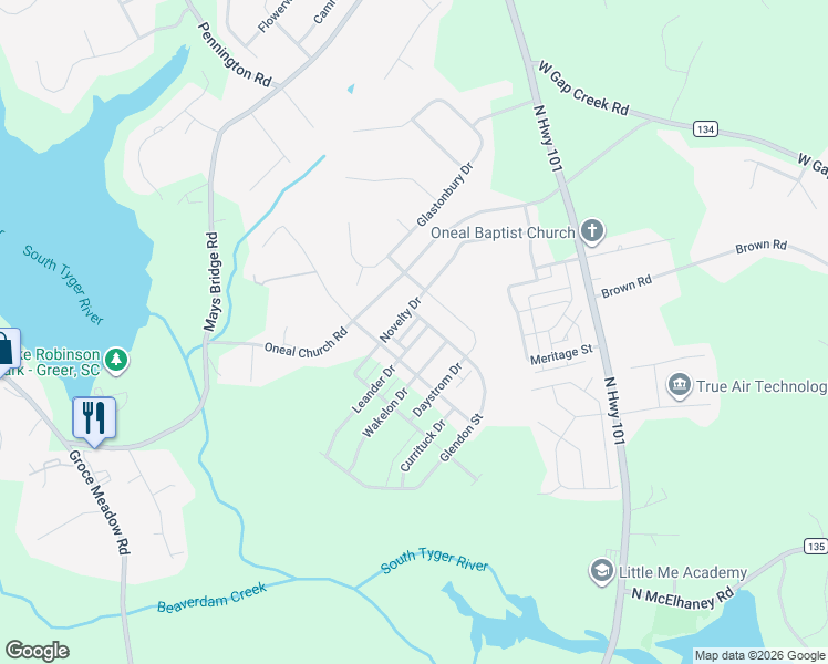 map of restaurants, bars, coffee shops, grocery stores, and more near 203 Novelty Drive in Greer