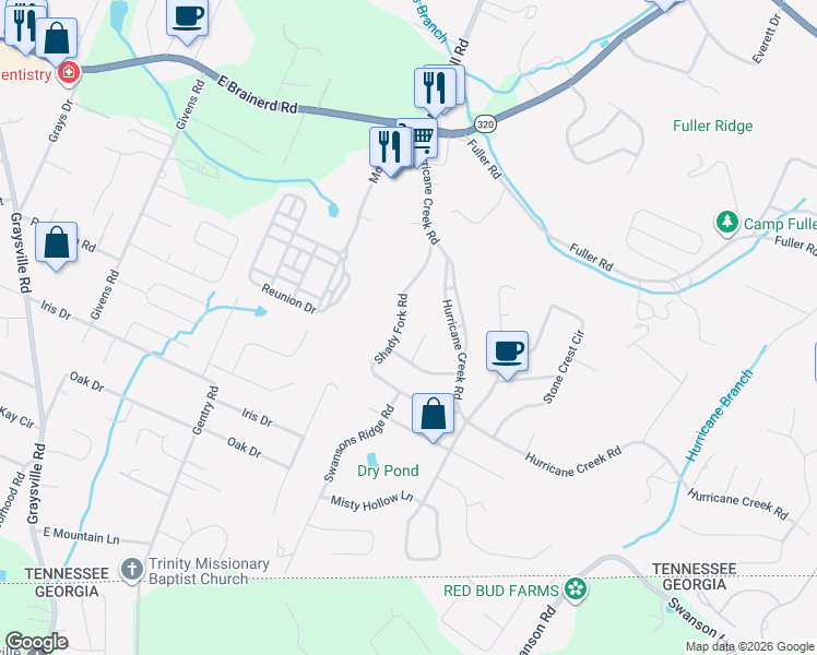 map of restaurants, bars, coffee shops, grocery stores, and more near 1037 Shady Fork Road in Chattanooga