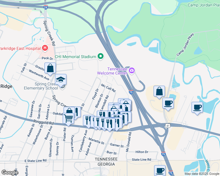 map of restaurants, bars, coffee shops, grocery stores, and more near 6501 Mc Call Road in Chattanooga