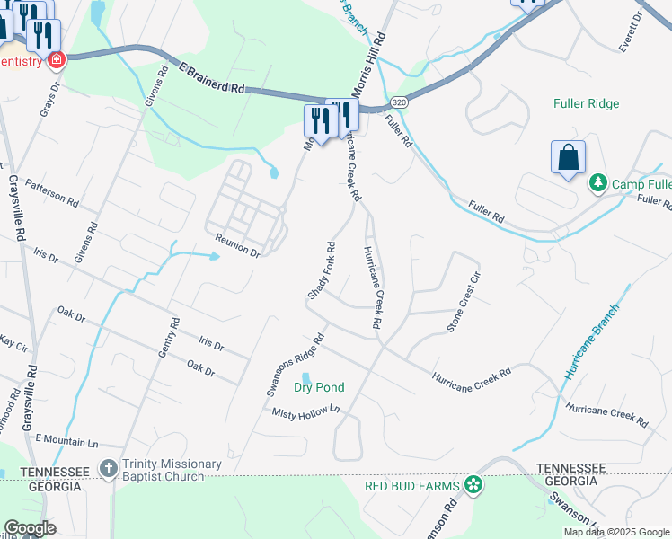 map of restaurants, bars, coffee shops, grocery stores, and more near 1034 Shady Fork Road in Chattanooga