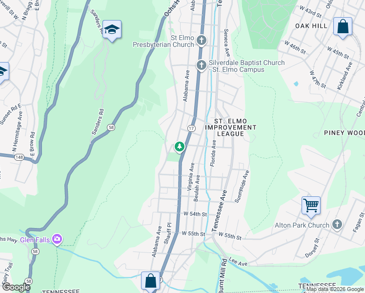 map of restaurants, bars, coffee shops, grocery stores, and more near 4807 Saint Elmo Avenue in Chattanooga