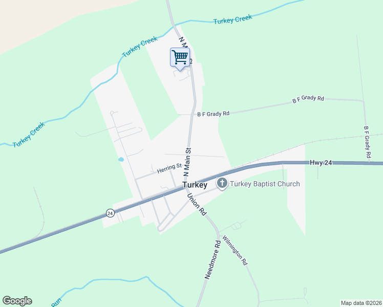 map of restaurants, bars, coffee shops, grocery stores, and more near 152 North Main Street in Turkey