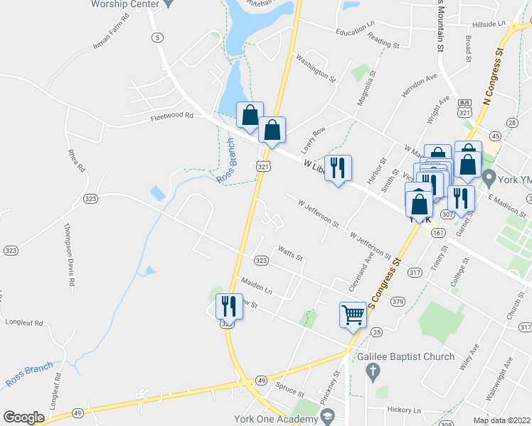 map of restaurants, bars, coffee shops, grocery stores, and more near 101 Eaves Way in York