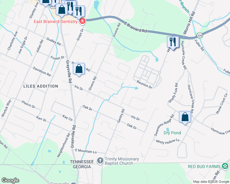 map of restaurants, bars, coffee shops, grocery stores, and more near 8560 Keystone Circle in Chattanooga
