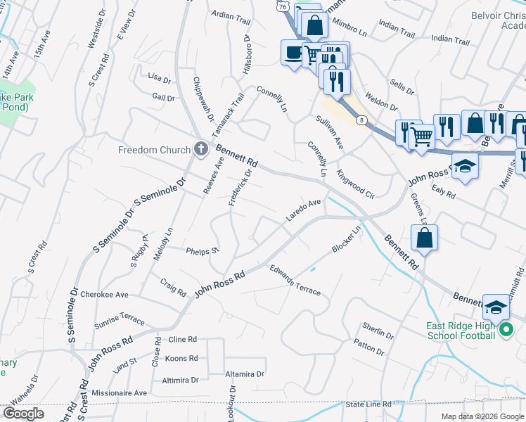 map of restaurants, bars, coffee shops, grocery stores, and more near 3627 Helen Lane in Chattanooga