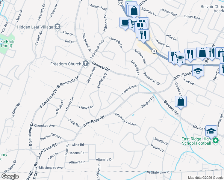 map of restaurants, bars, coffee shops, grocery stores, and more near 3627 Helen Lane in Chattanooga
