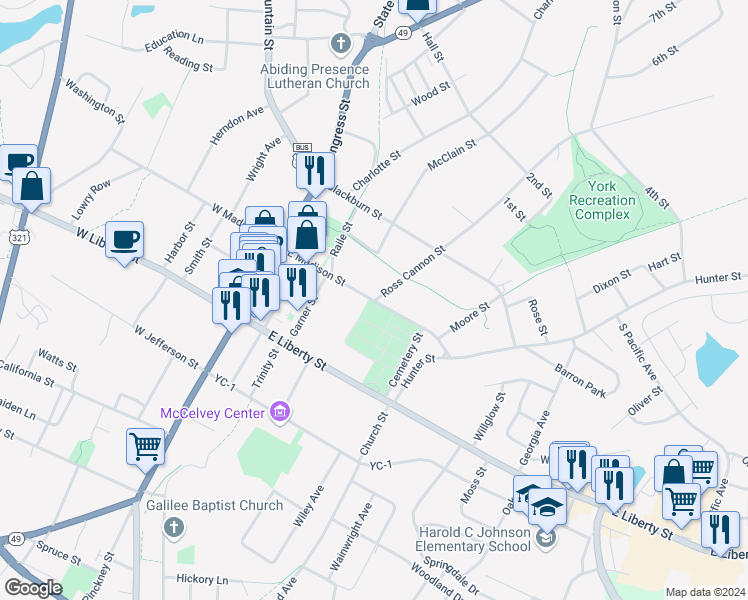 map of restaurants, bars, coffee shops, grocery stores, and more near 499 Ross Cannon Street in York