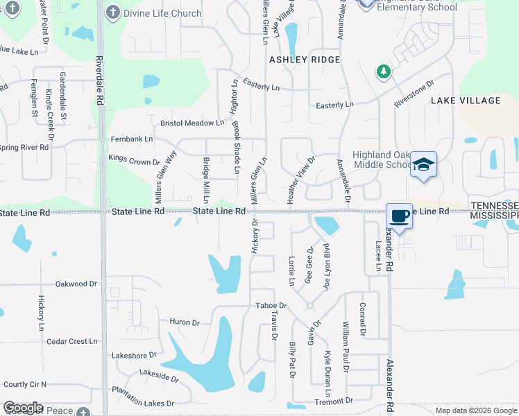 map of restaurants, bars, coffee shops, grocery stores, and more near 5613 Millers Glen Lane in Memphis