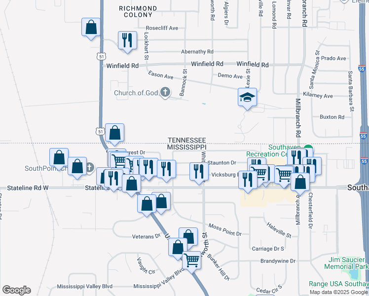 map of restaurants, bars, coffee shops, grocery stores, and more near 1586 Town and Country Drive in Southaven