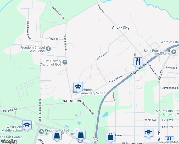 map of restaurants, bars, coffee shops, grocery stores, and more near 1509 Pope Street in Raeford