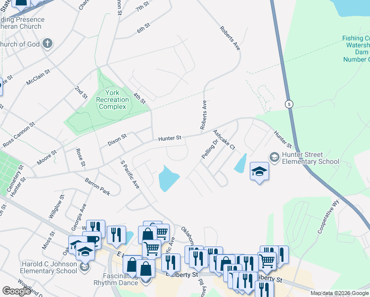 map of restaurants, bars, coffee shops, grocery stores, and more near 800-898 Hunter Street in York