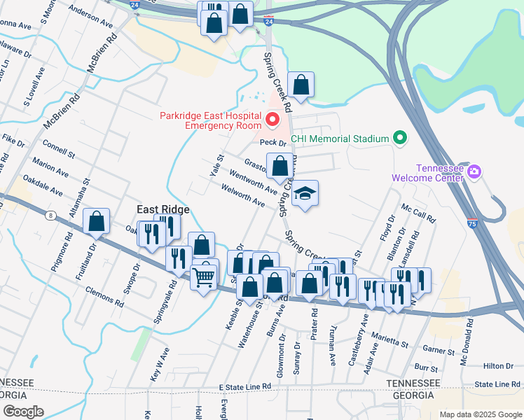 map of restaurants, bars, coffee shops, grocery stores, and more near 6108 Welworth Avenue in East Ridge