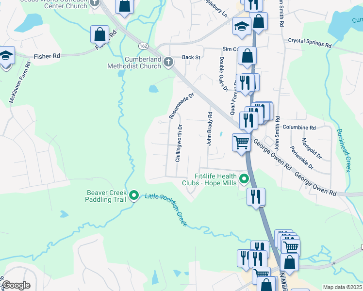 map of restaurants, bars, coffee shops, grocery stores, and more near 2903 Chillingworth Drive in Fayetteville